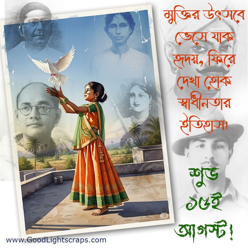 15th august image with quotes in bengali for sharing as independence day greeting card.