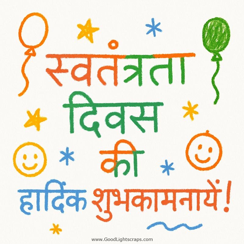 A drawing for children on Independence Day with a text in hindi :'स्वतंत्रता दिवस की हार्दिक शुभकामनायें!' 
