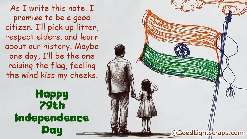 Indepdendence Day Drawing with Indian flag, a father and daughter with message 'Happy 79th Independence Day!' 
