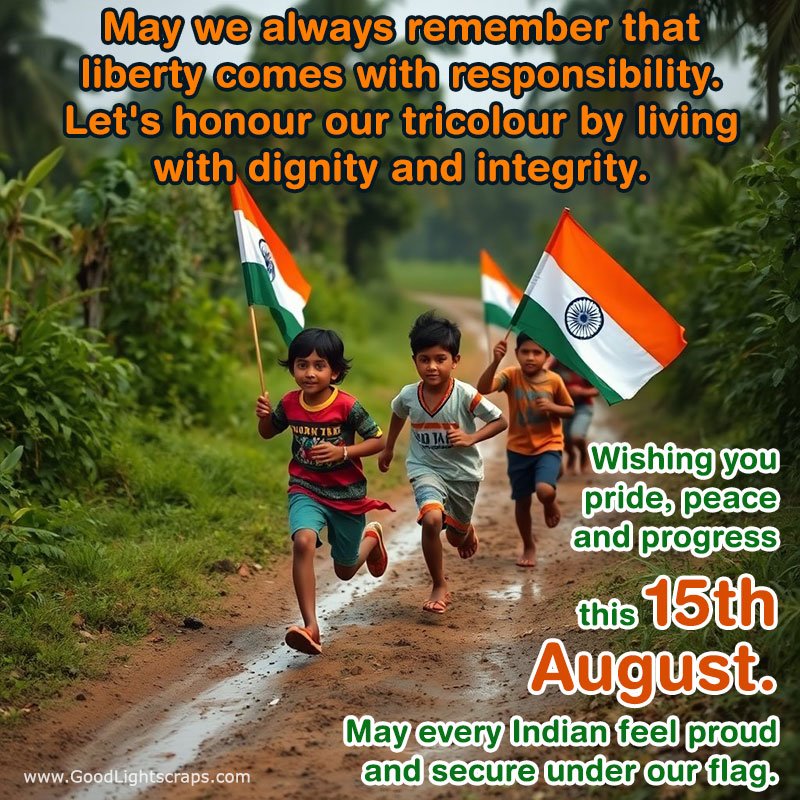 Some village kids are running in joy with indian tricolor flags in hands - celebrating15th august
