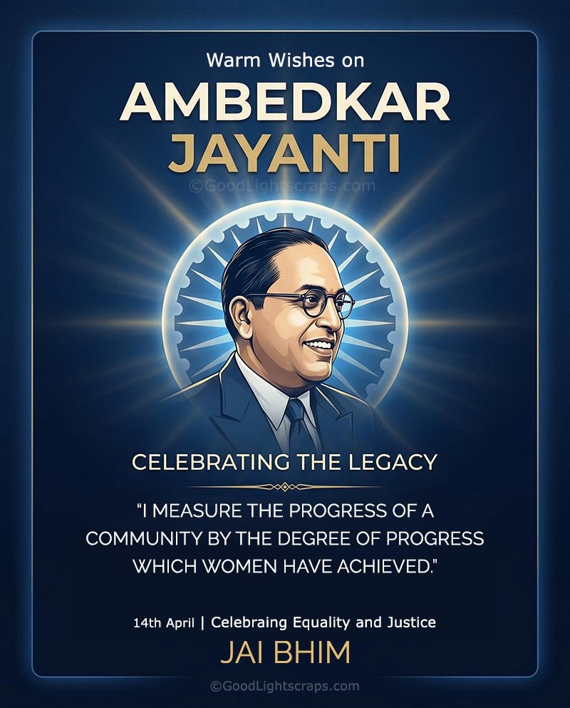 Ambedkar Jayanti wishes image with Dr. B.R. Ambedkar portrait, inspirational quote on women empowerment, equality and justice, Jai Bhim greeting