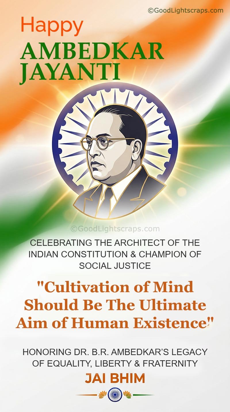 Ambedkar Jayanti wishes image with Dr. B.R. Ambedkar portrait, inspirational quote on women empowerment, equality and justice, Jai Bhim greeting