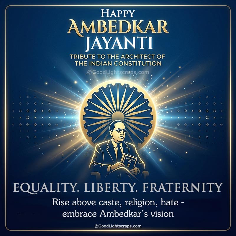 Ambedkar Jayanti wishes image with Dr. B.R. Ambedkar portrait, inspirational quote on equality and justice, rising above caste, religion & hate.
