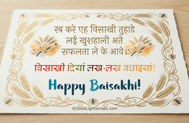 Happy Baisakhi animated gif image with greeting message 'विसाखी दियां लख-लख वधाइयां!' 