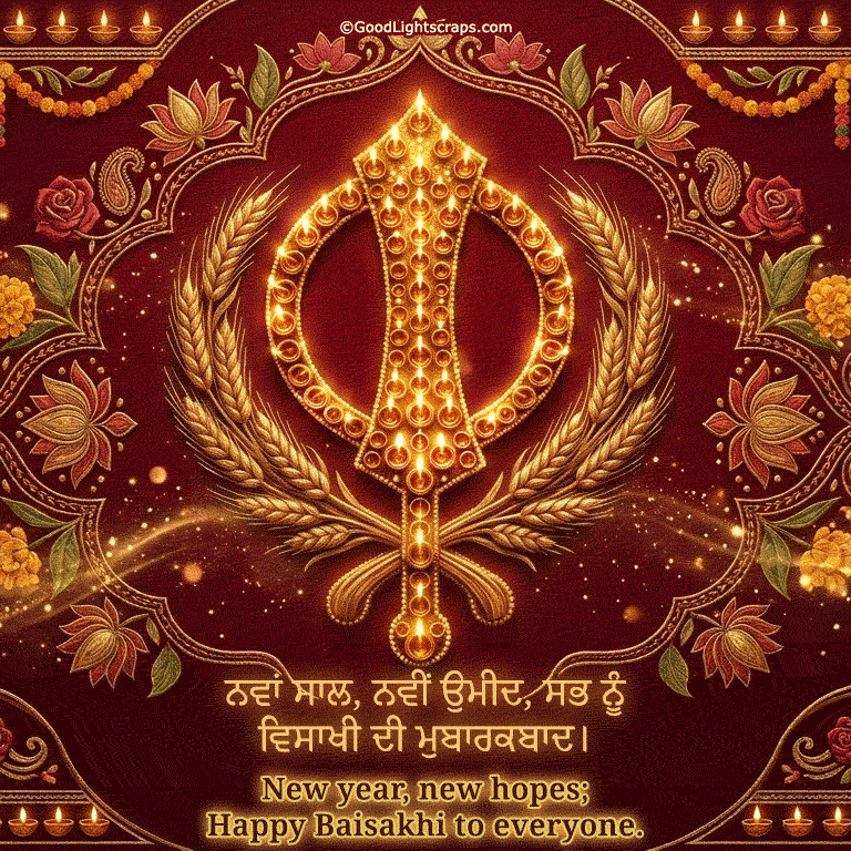 Happy Baisakhi animated gif image with greeting message - New year, new hopes; Happy Baisakhi to everyone.