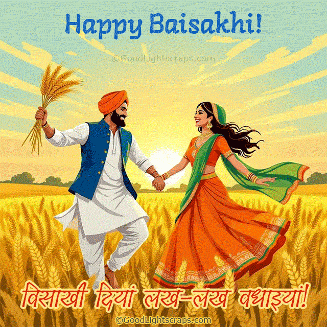 Happy Baisakhi animated gif image with greeting message 'विसाखी दियां लख-लख वधाइयां!' 
