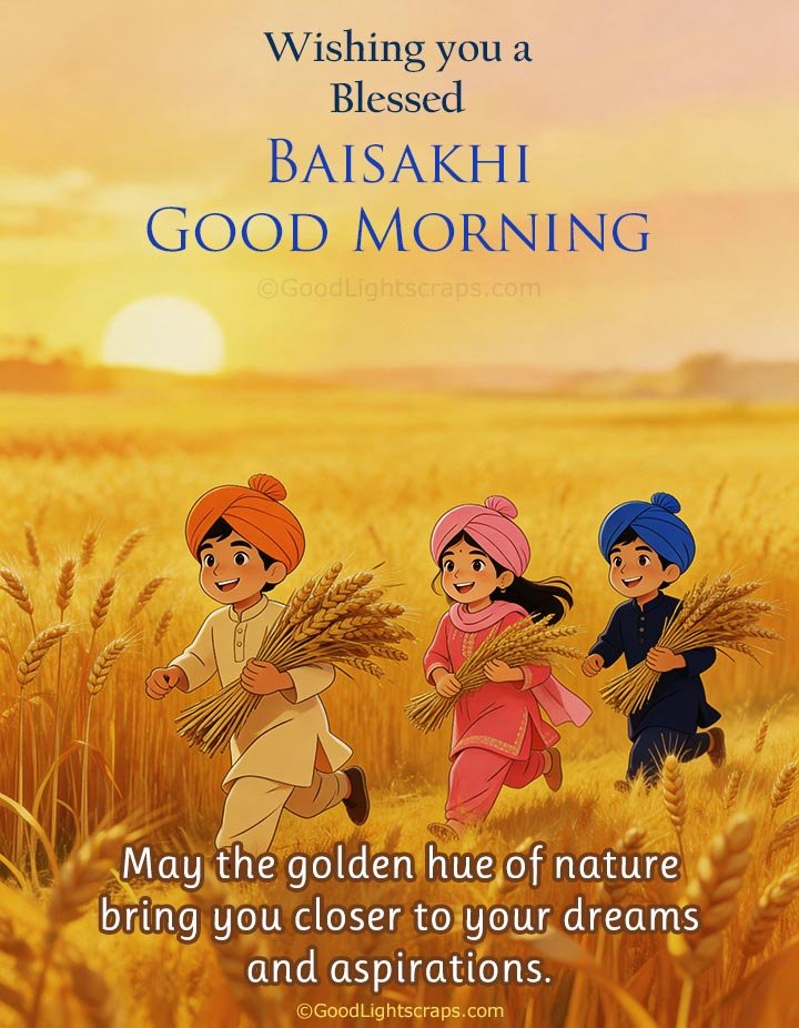 Happy Baisakhi good morning image with Punjabi kids in wheat field and inspirational message