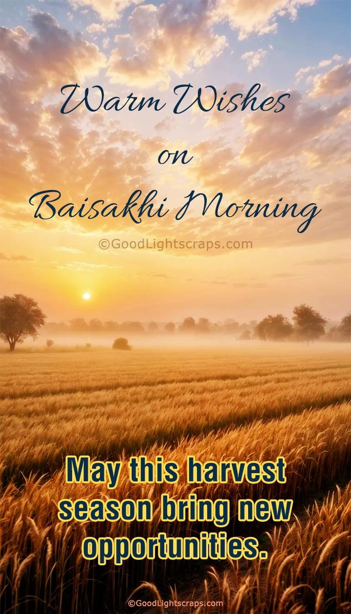 Baisakhi good morning wish with early morning sunrise scene over a wheatfield