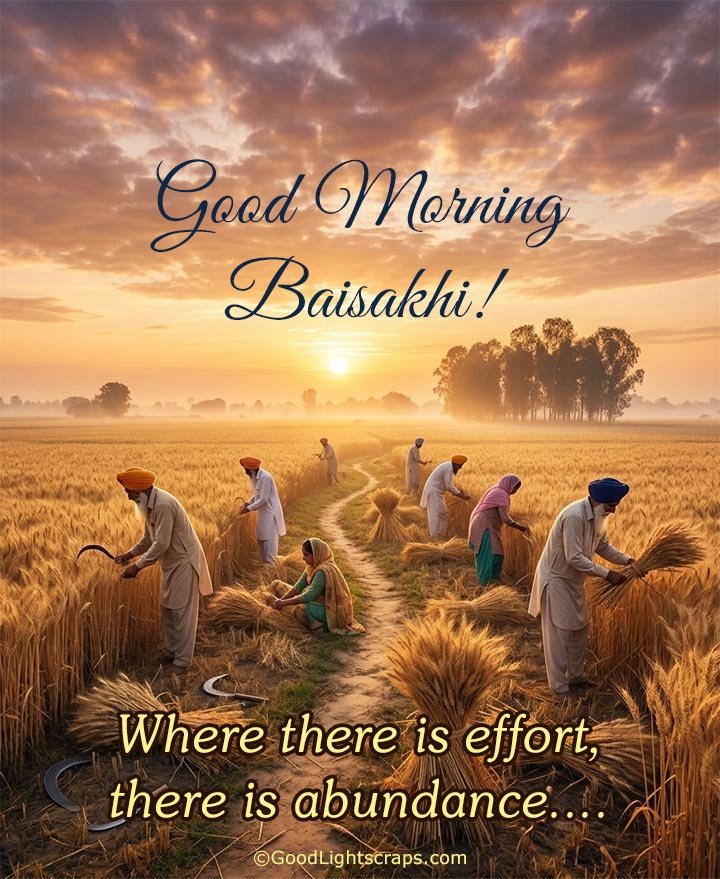 Baisakhi good morning wish with early morning sunrise scene over a wheatfield