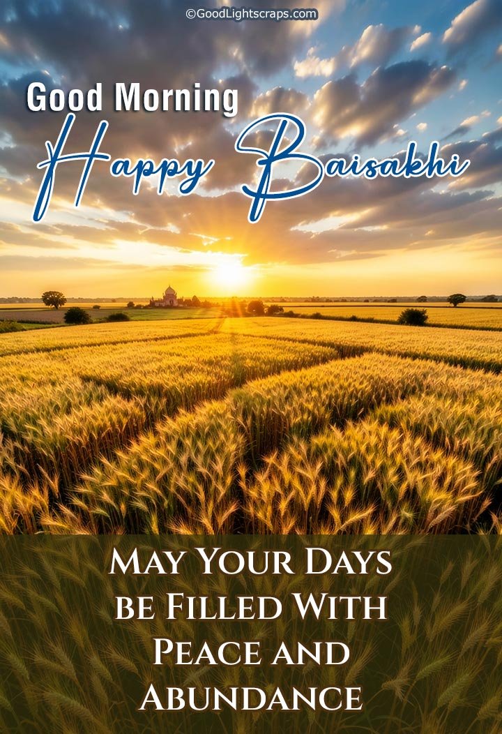 Baisakhi good morning wish with early morning sunrise scene over a wheat field