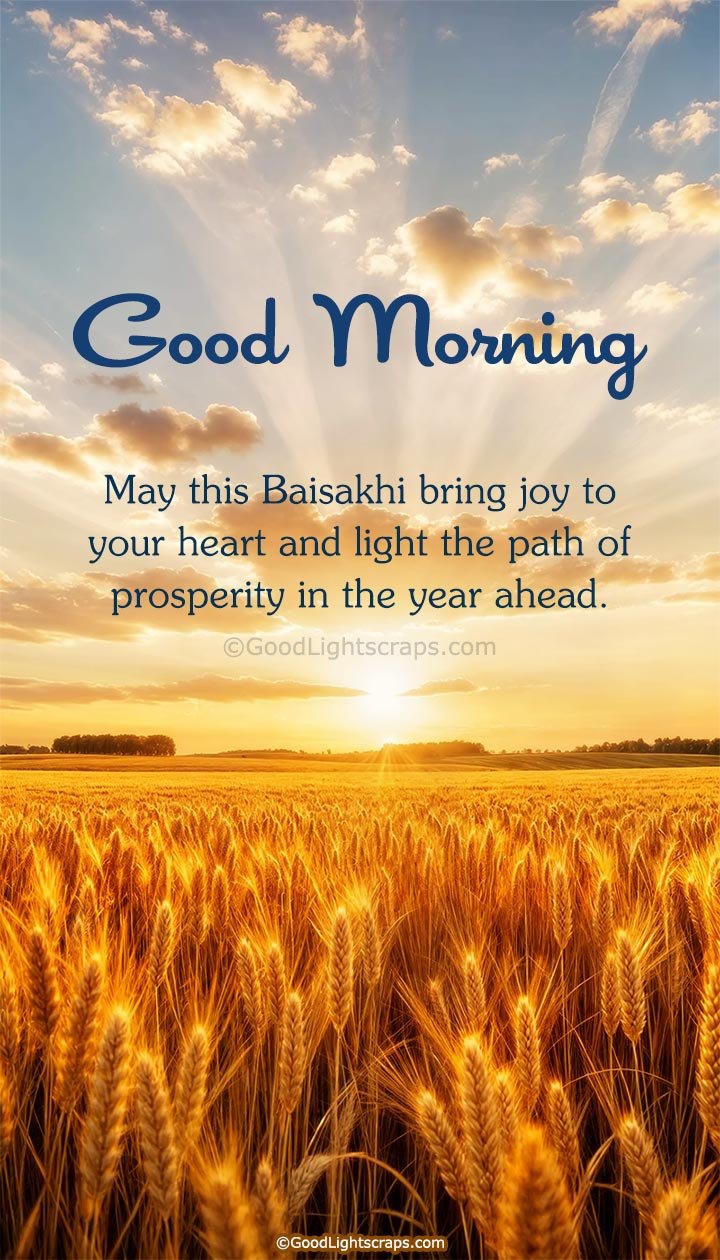 Baisakhi good morning wish with early morning sunrise scene over a wheat field