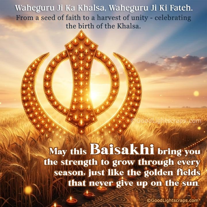 Happy Baisakhi wish with image of Khanda symbol in wheat field and motivational quote