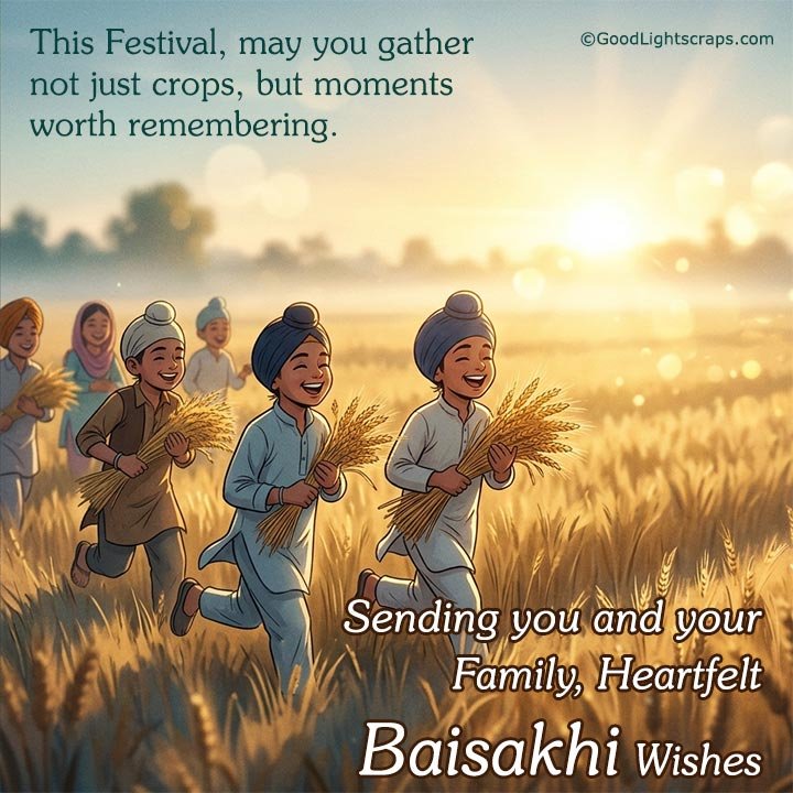Happy Baisakhi greeting card for sharing with friends an family with image of sikh kids enjoying the solar new year with crops in hand