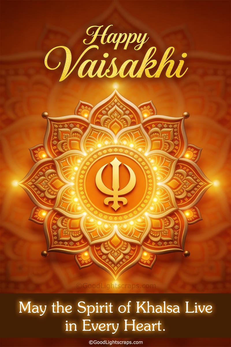 Happy Baisakhi greeting card with Sikh khanda symbol on a aesthetic background and message on Khalsa Spirit