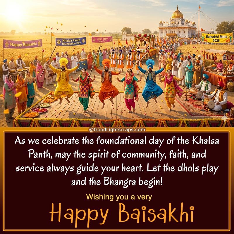 Blessed Vaisakhi greeting message with Sikh khanda symbol over a golden sunrise and wheat field