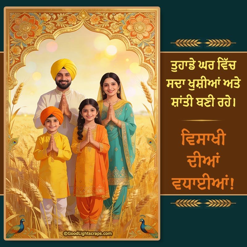 Happy Baisakhi image with greeting message in Punjabi - Baisakhi di lakh lakh Vadhaiyan!