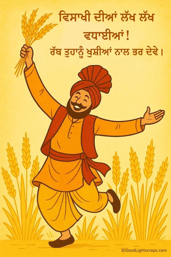 Happy Baisakhi image with greeting message in Punjabi - विसाखी दियां लख लख वधाइयां! रब तुहानूं खुशियां नाल भर देवे। 