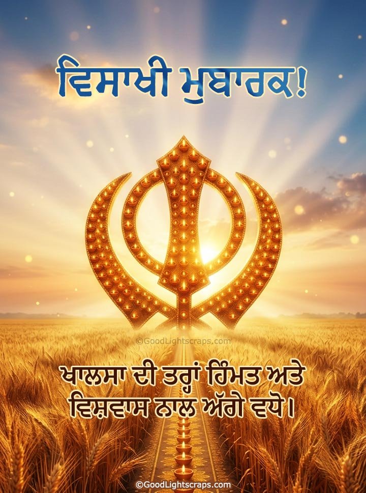 Happy Vaisakhi image wish in Punjabi about courage and faith featuring Sunrise scene over paddy field and a symbol of Sikh Khalsa