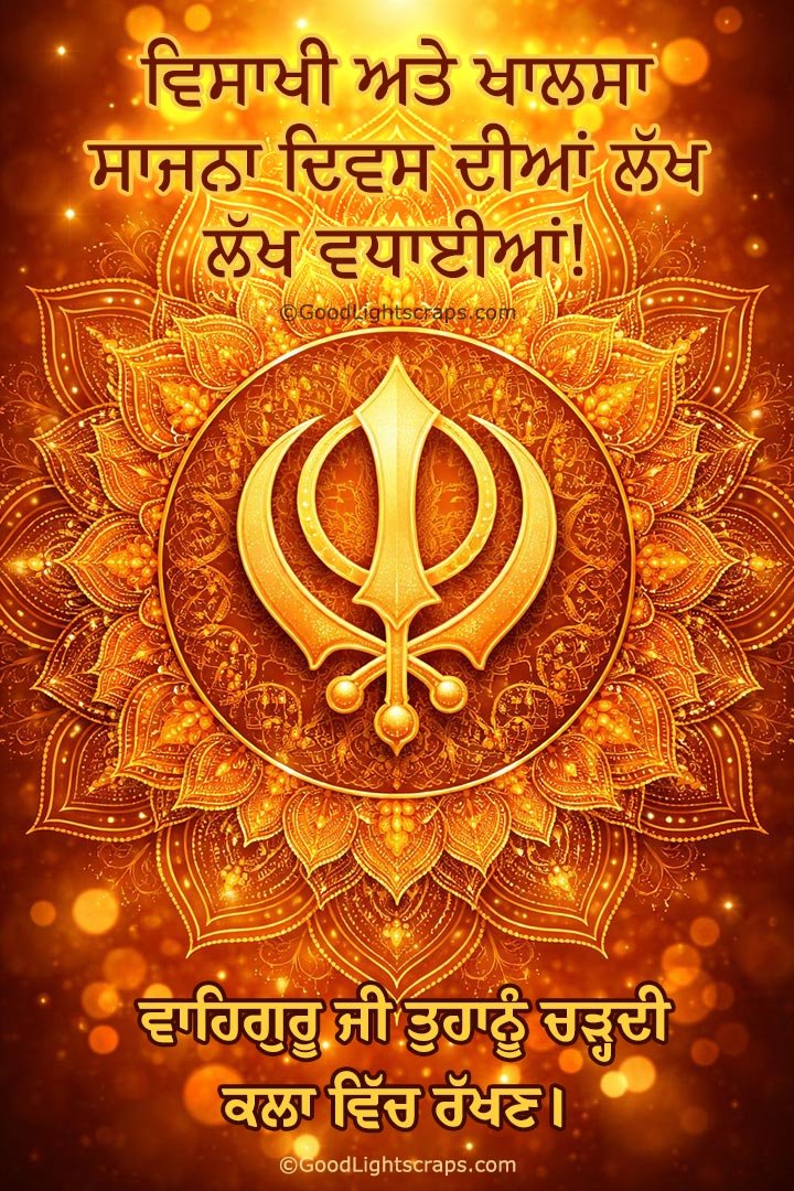 Happy Baisakhi and Khalsa Sajna Diwas Greetings in Punjabi with a beautiful aesthetic graphic symbol of Sikh Khalsa