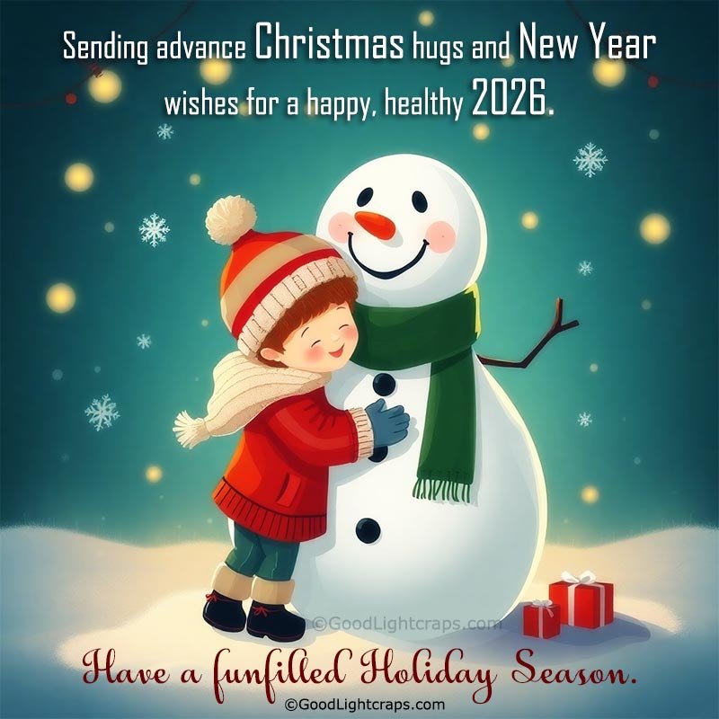 a cute kid is hugging snowman with an advance christmas and new year greeting message