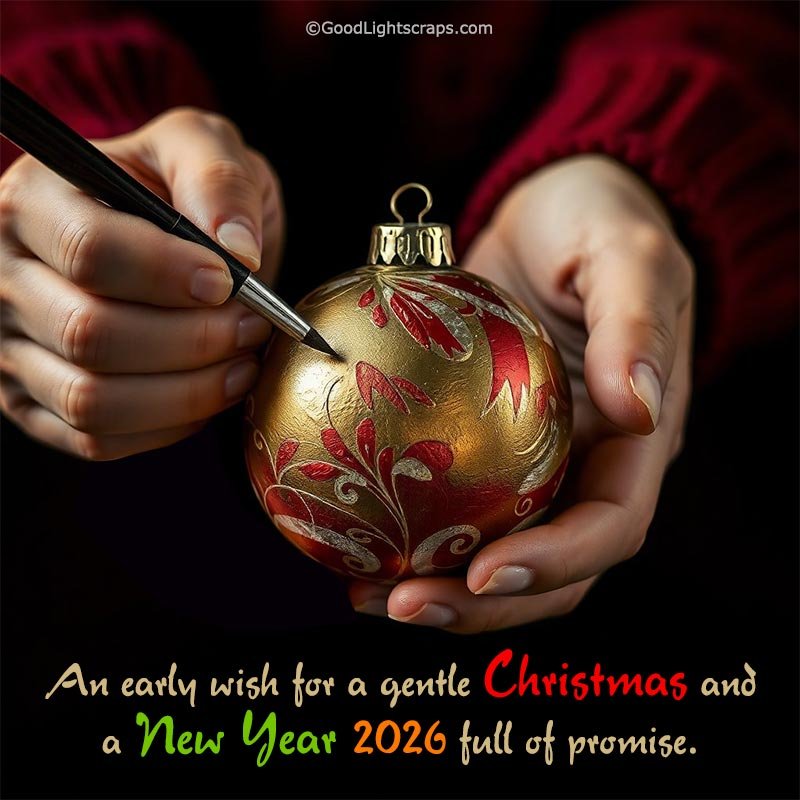 An early wish for a gentle Christmas and a New Year 2026 with an image of christmas bubble and decoration