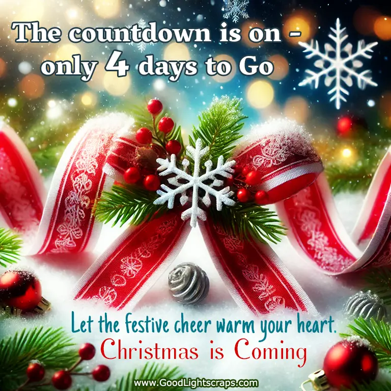 A card featuring christmas wrath, ribbon, snowflakes with message 'Let the festive cheer warm your heart. Christmas is Coming'