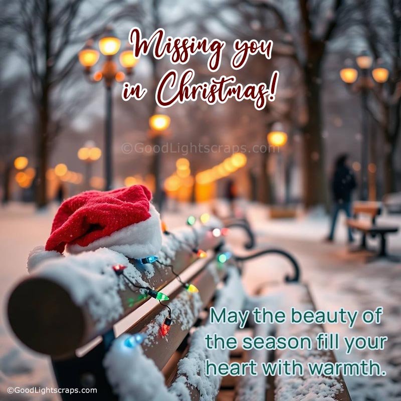 Missing you in Christmas! message with a lone table and a abandoned christmas cap in Christmas eve