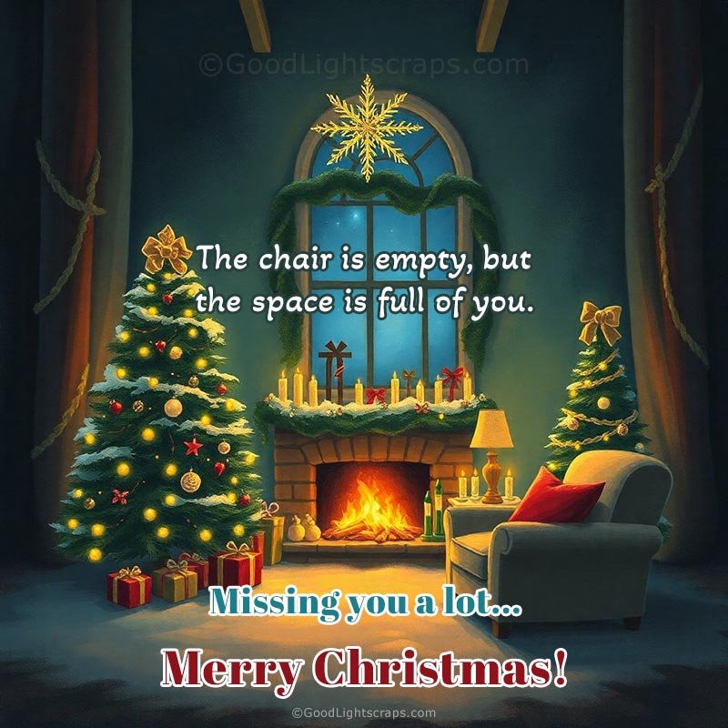 Missing you a lot... Merry Christmas! message with a christmas decorated room with fireworks in christmas eve