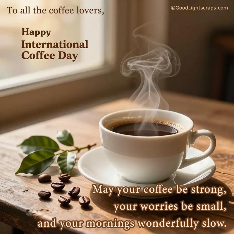 international coffee day greeting image with a quote with a coffee cup