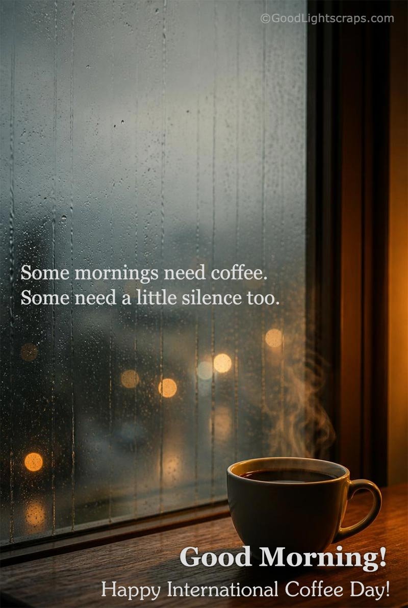 Good Morning! Happy International Coffee Day greeting card with a moody image of rainy morning