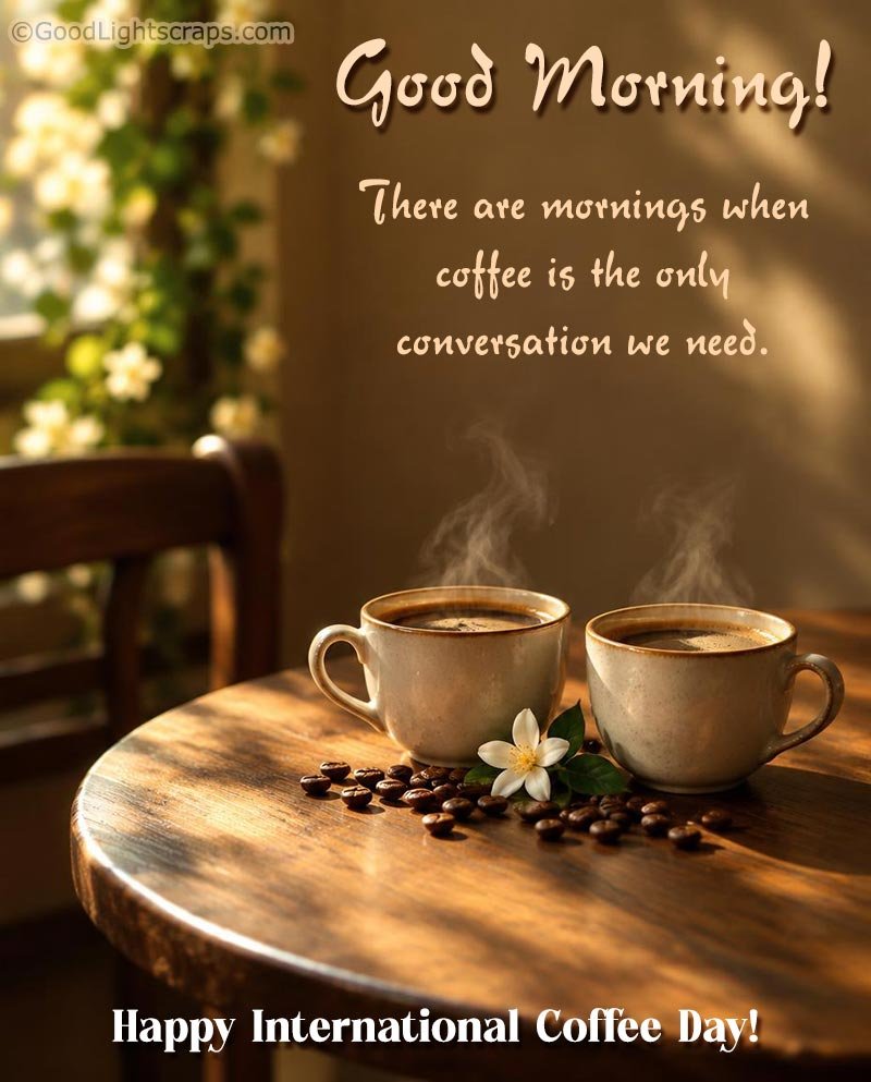 international coffee day greeting image with good morning message with two coffee cup in a sunlit morning