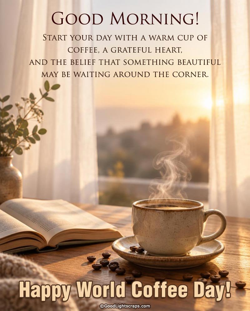 Good Morning! Happy world Coffee Day greeting card with a bright morning photo