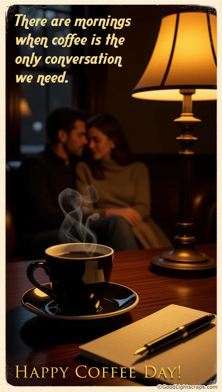 Good Morning! Happy world Coffee Day greeting card with a bright morning photo