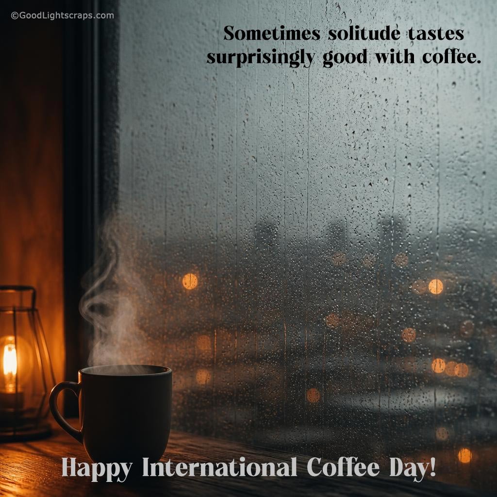 Good Morning! Happy world Coffee Day greeting card with a bright morning photo