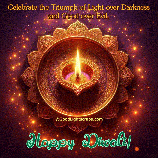 Beautiful animated diwali gif image wish with a glittering and glowing diya