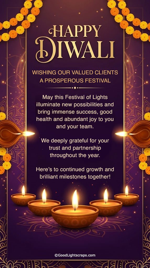 Corporate Diwali Wish to a client and their team with a professional greeting message of new possiblities, success, good health and joy.