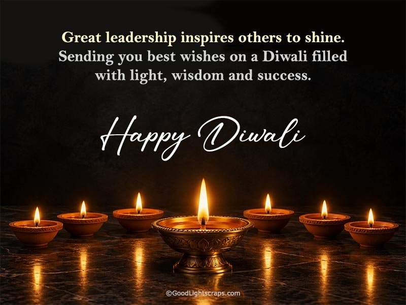 Professional Diwali greeting for boss with a leadership message and glowing brass diyas
