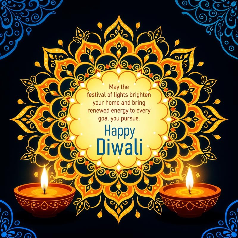 Short Happy Diwali greeting message to Boss, manager or team leader with rangoli and glowing diyas.