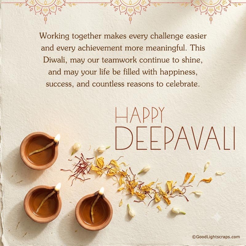 Happy Deepavali Greeting for Coworkers with professional clean background with diyas and flowers.