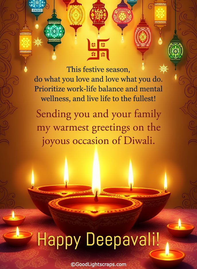 Beautiful Diwali Greeting to colleagues and coworkers with glowing diyas and lamps
