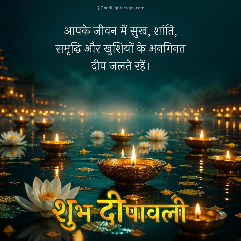short 2 lines diwali message with an image of lots of clay diyas with water reflection and lots of lotus flowers