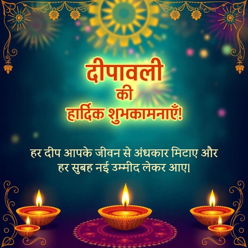 one line short diwali message with a creative greeting card with illustration of diyas and rangoli