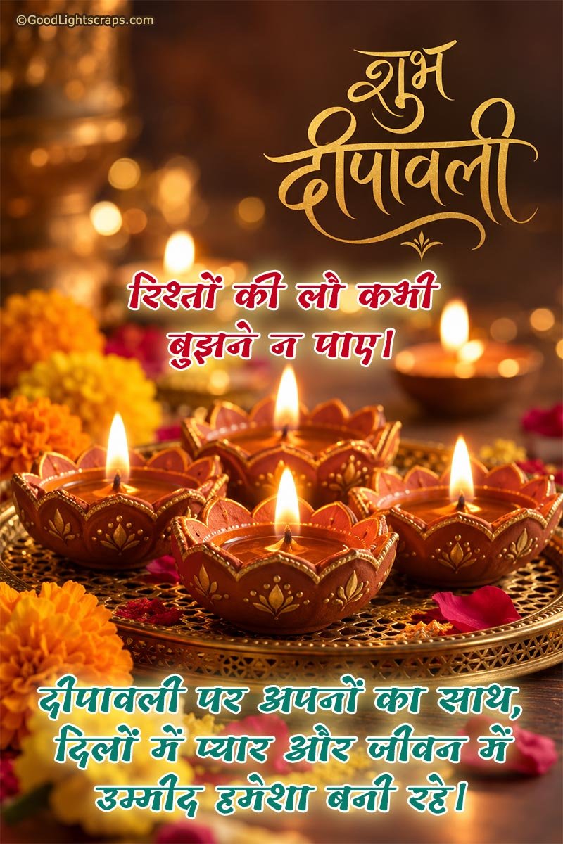 Short Shubh Deepavali Greeting card with glowing clay diyas - Diwali wish for family and loved ones in hindi