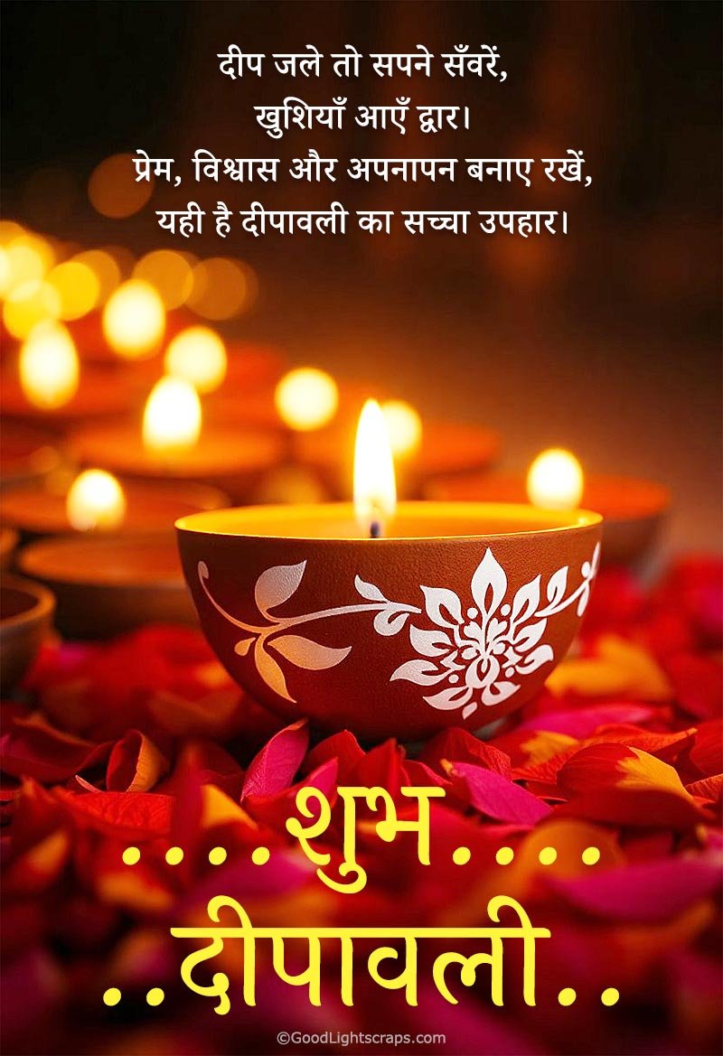 Short Shubh Deepavali message with glowing clay diyas - Diwali wish for family, relatives and closed ones in hindi