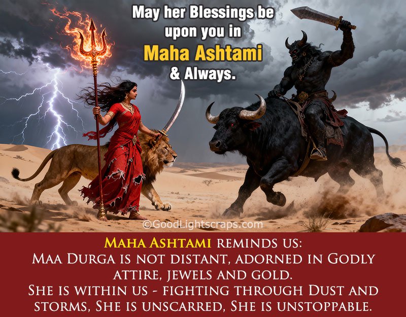 Maha Ashtami Greeting Card with a divine image of Maa Durga with message 'May her Blessings be
upon you in Maha Ashtami & Always.' 