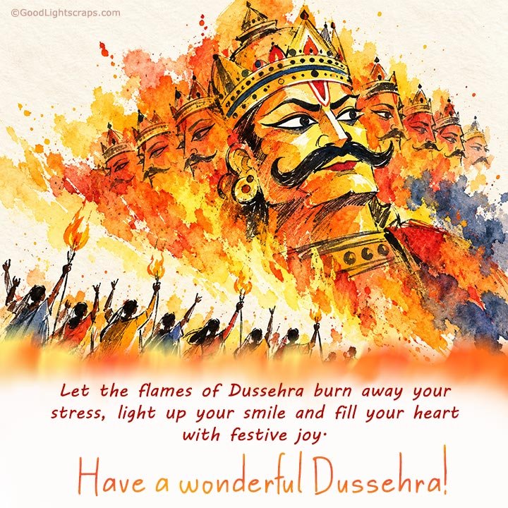 Happy Dussehra wish in english with image of people burning of Ravana's effigy