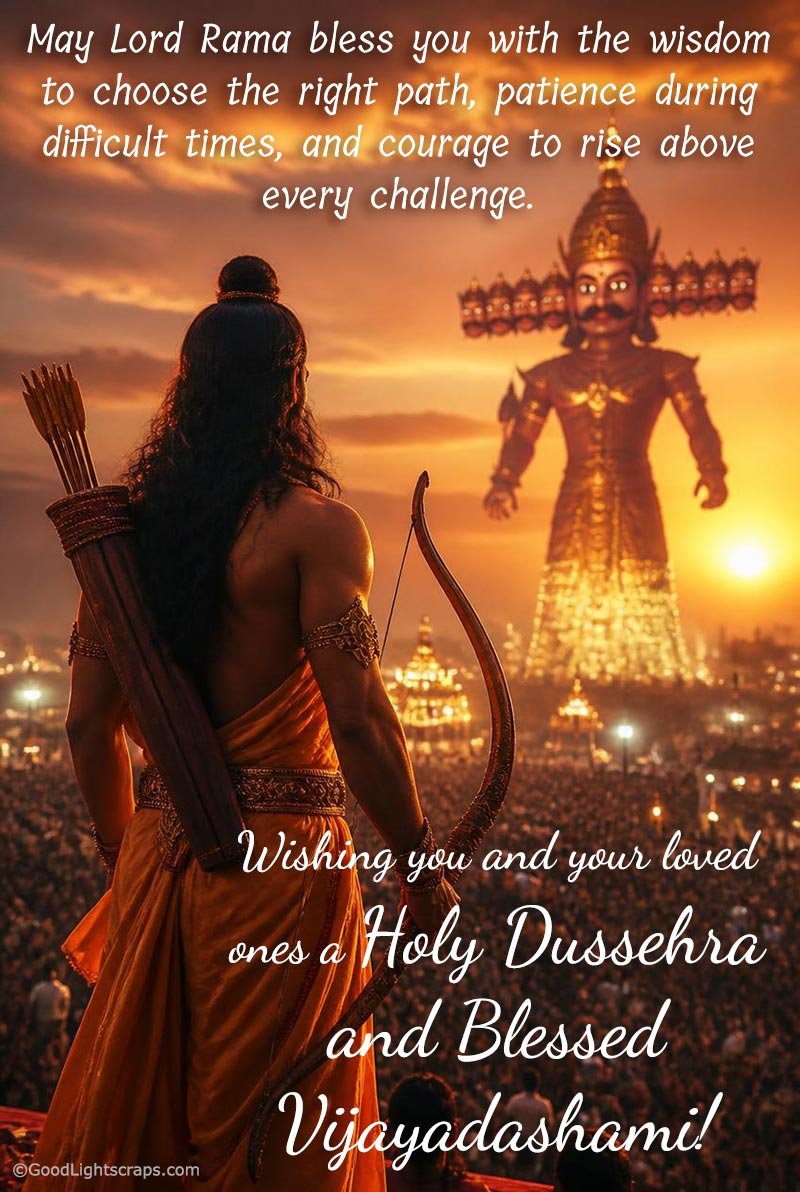 Dussehra and Vijayadashami greeting card with a quote in english featuring image of lord Rama confronting Ravana