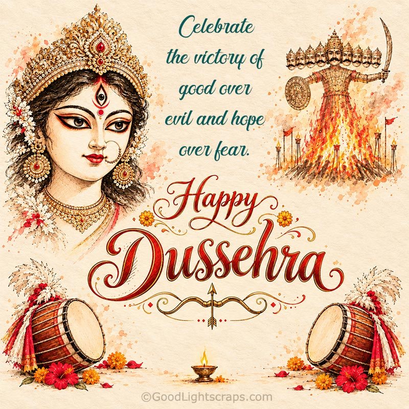 Beautiful calligraphic text of Happy Dussehra with greeting text message about Celebrating victory of good over evil