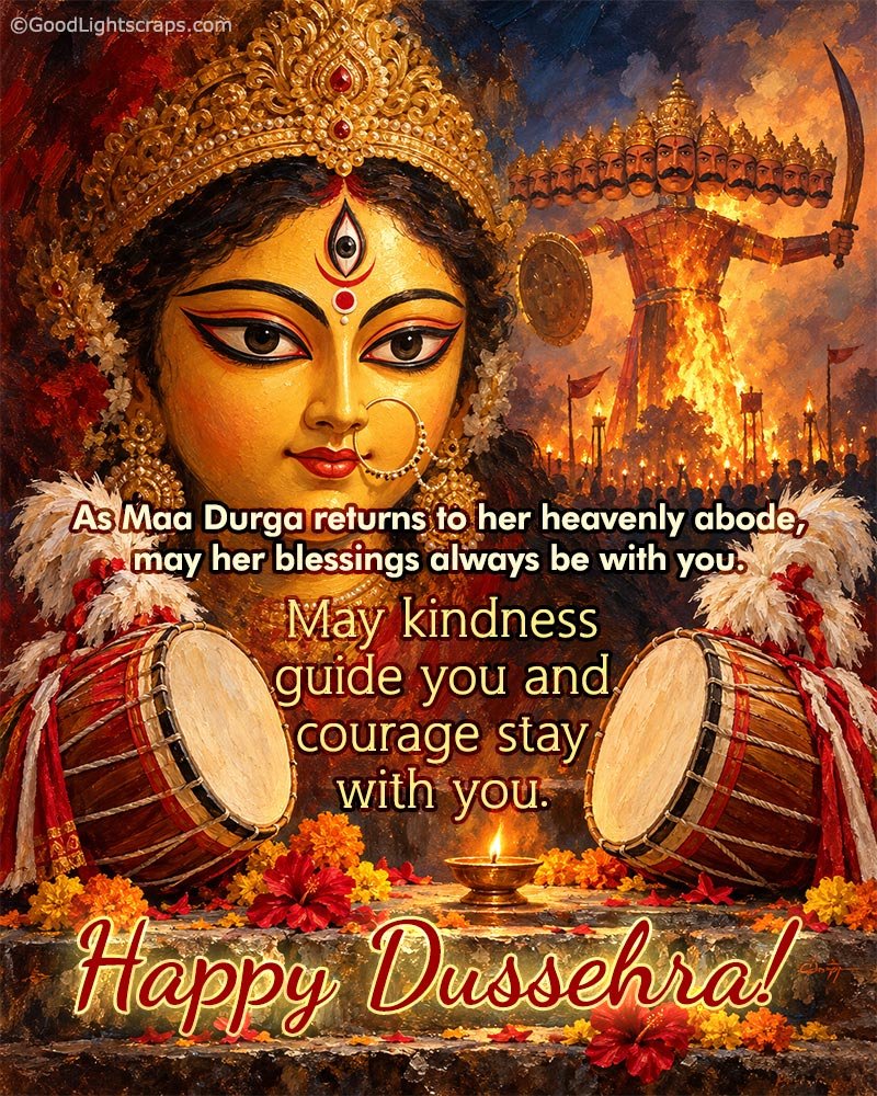 Beautiful calligraphic text of Happy Dussehra with greeting text message about Celebrating victory of good over evil