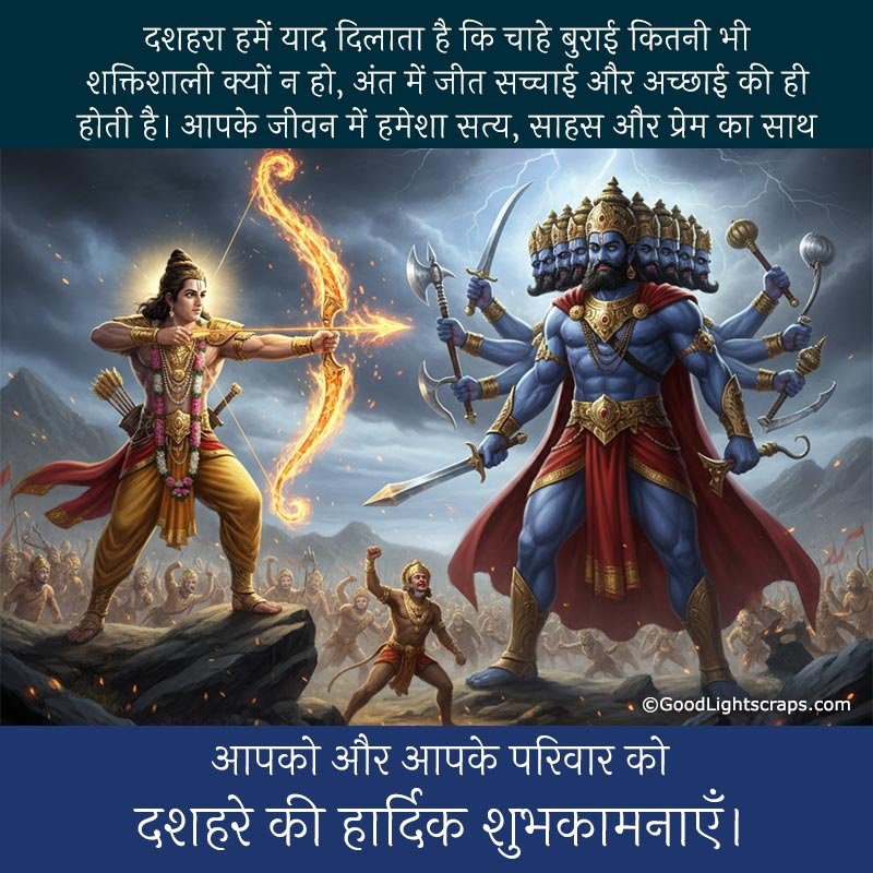A Dussehra greeting card with hindi message to friends and family, with a wish of दशहरे की हार्दिक शुभकामनाएँ।